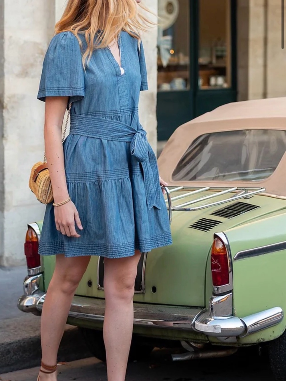 Blue Short-Sleeve Tie-Waist Denim Dress